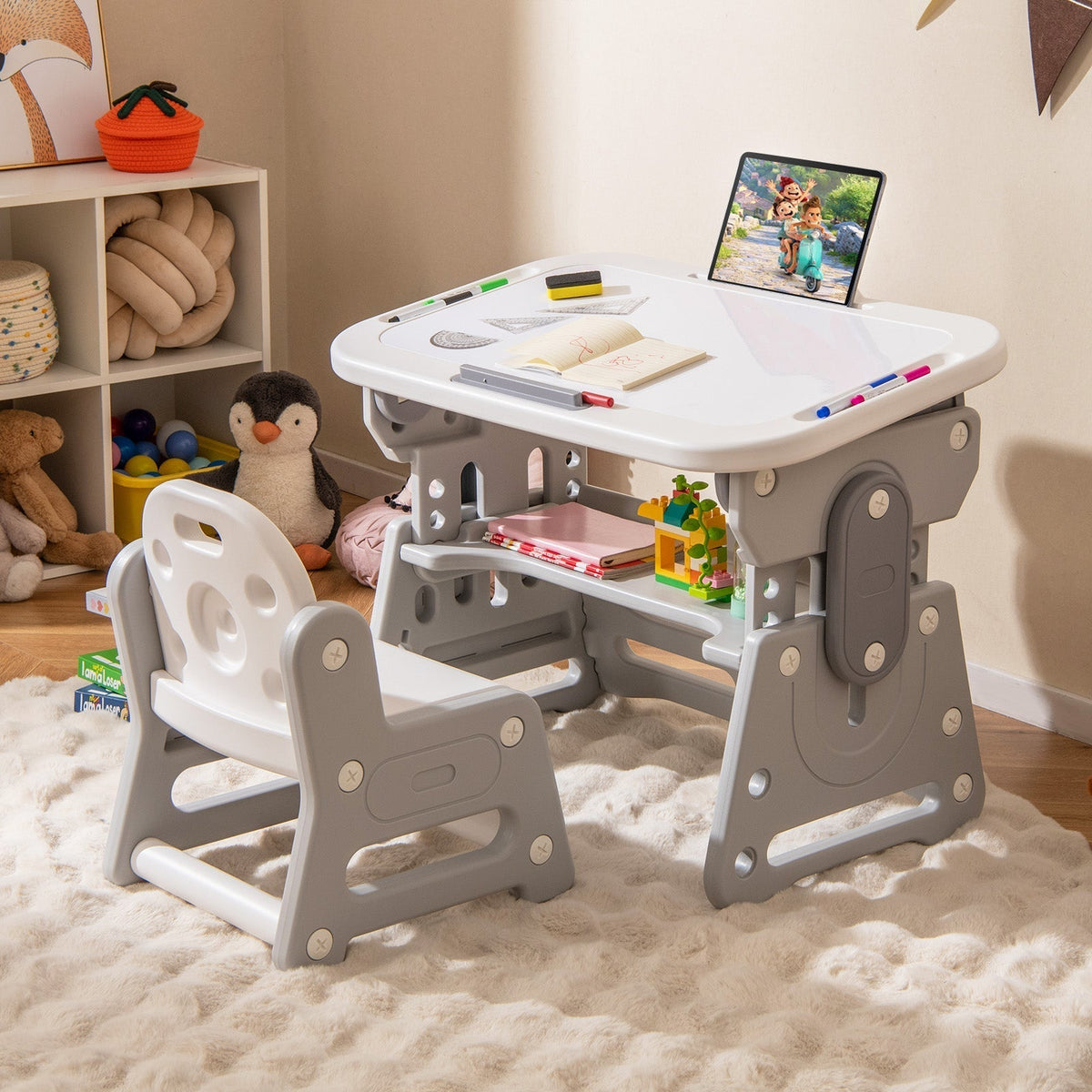 Height Adjustable Kids Table and Chair Set with Tiltable Whiteboard and Concave ShelfTorqelo.com