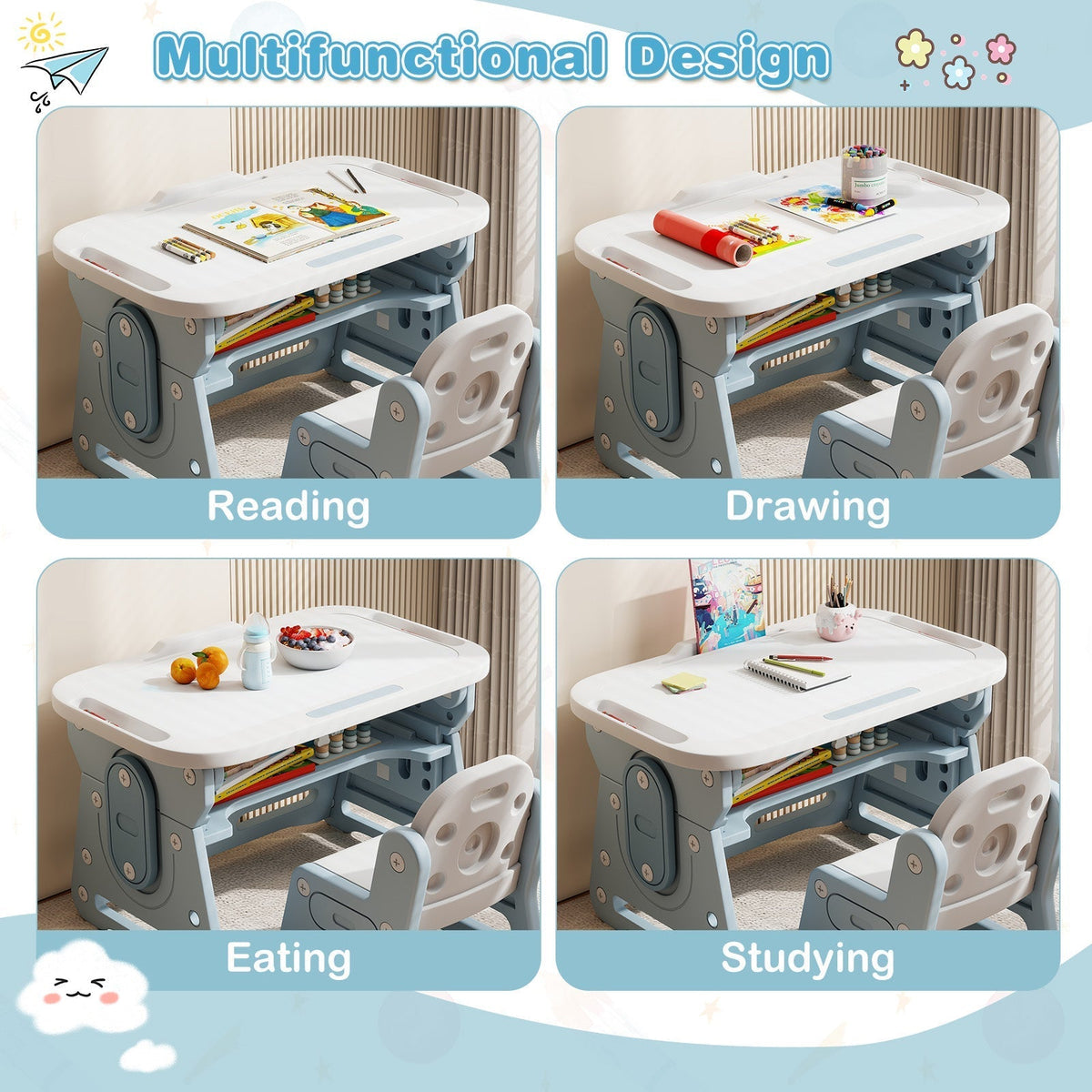 Height Adjustable Kids Table and Chair Set with Tiltable Whiteboard and Concave ShelfTorqelo.com