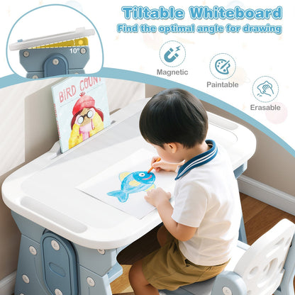 Height Adjustable Kids Table and Chair Set with Tiltable Whiteboard and Concave ShelfTorqelo.com