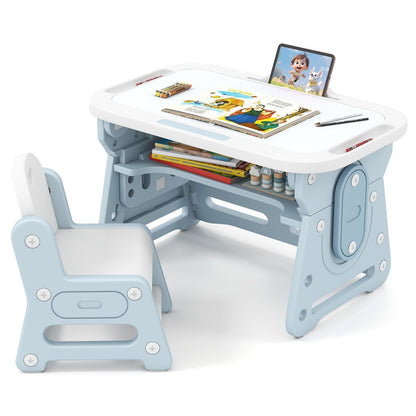 Height Adjustable Kids Table and Chair Set with Tiltable Whiteboard and Concave ShelfTorqelo.com