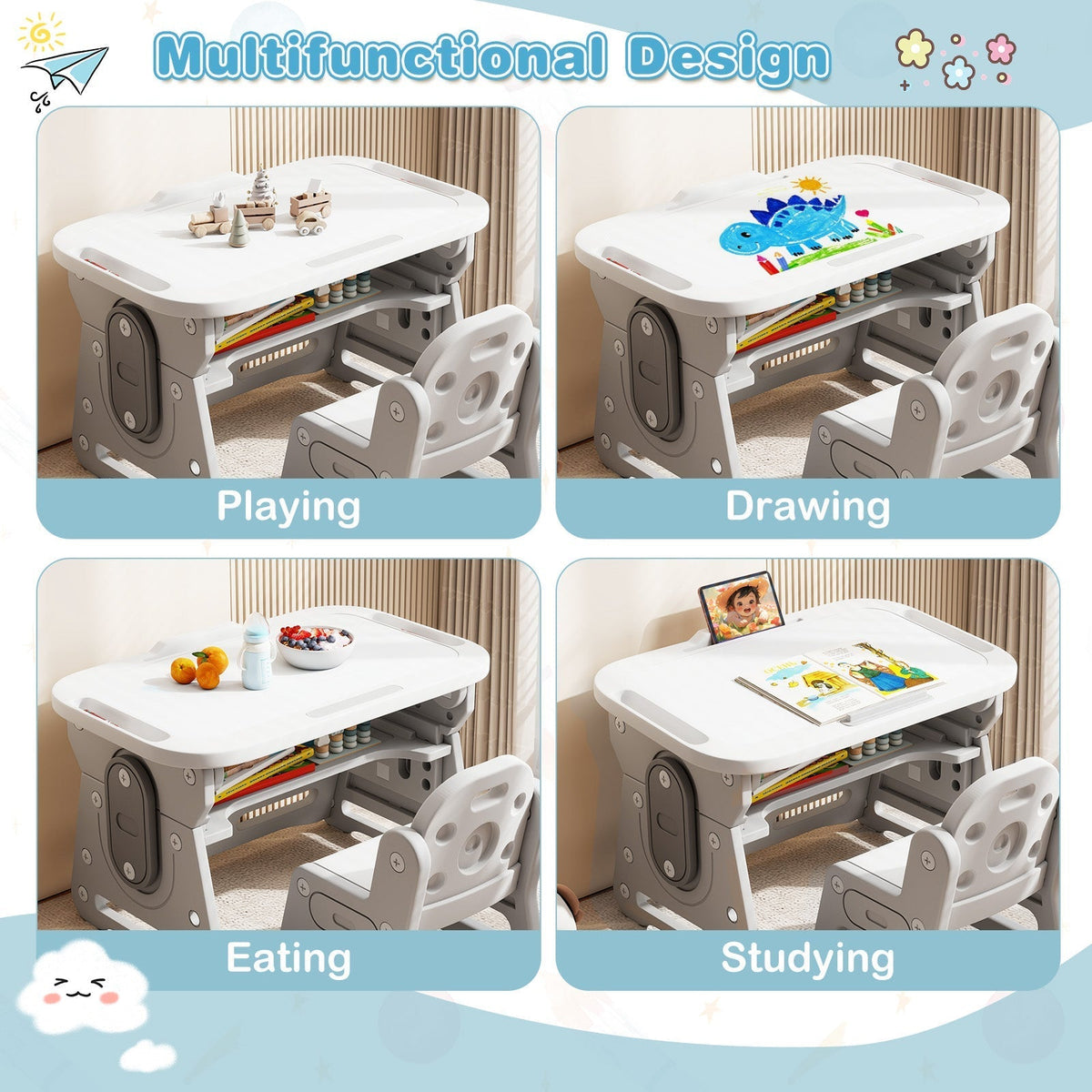 Height Adjustable Kids Table and Chair Set with Tiltable Whiteboard and Concave ShelfTorqelo.com