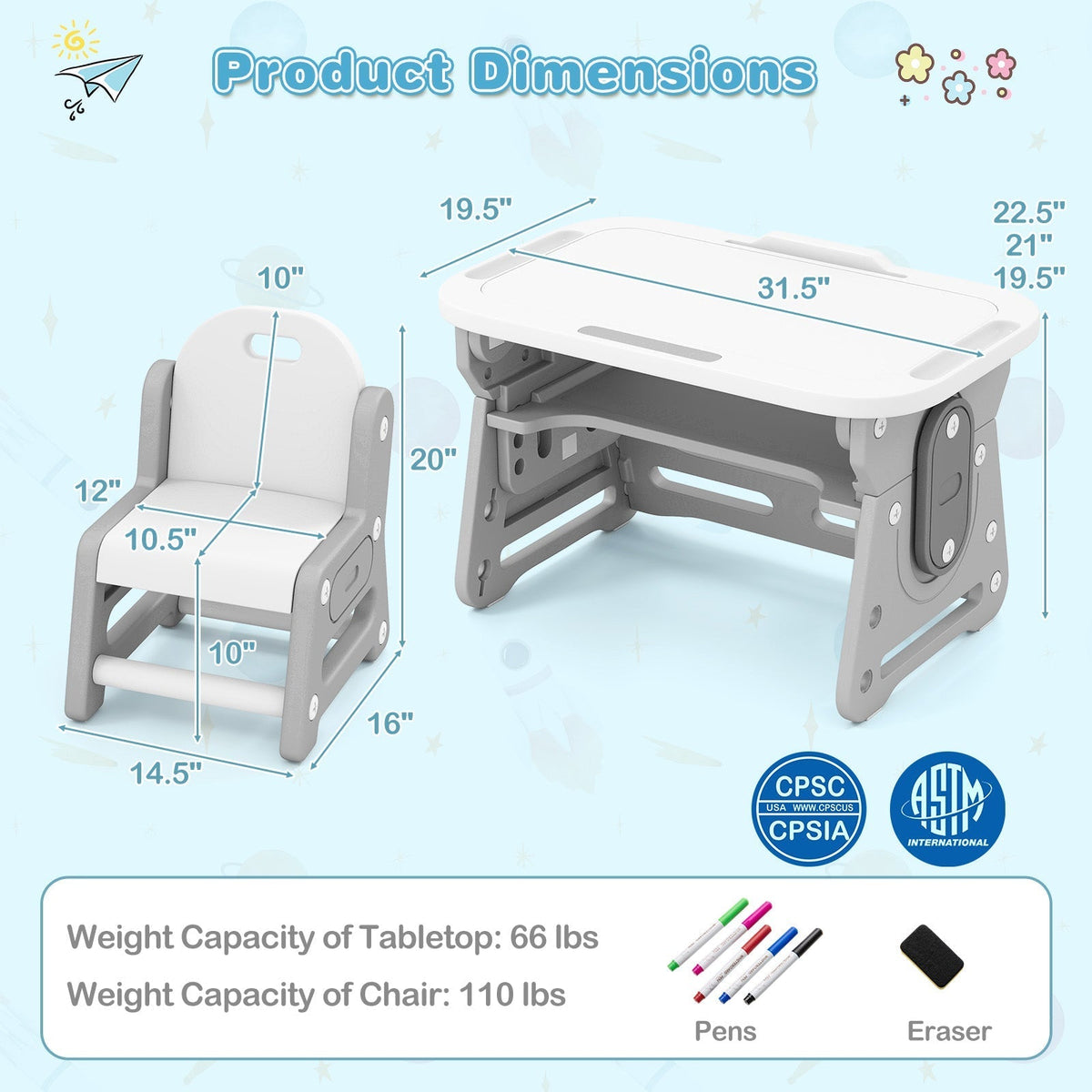 Height Adjustable Kids Table and Chair Set with Tiltable Whiteboard and Concave ShelfTorqelo.com