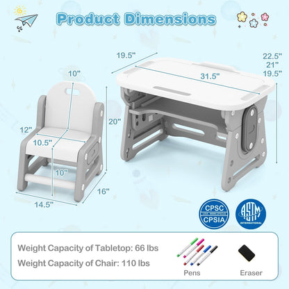 Height Adjustable Kids Table and Chair Set with Tiltable Whiteboard and Concave ShelfTorqelo.com