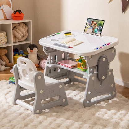 Height Adjustable Kids Table and Chair Set with Tiltable Whiteboard and Concave ShelfTorqelo.com