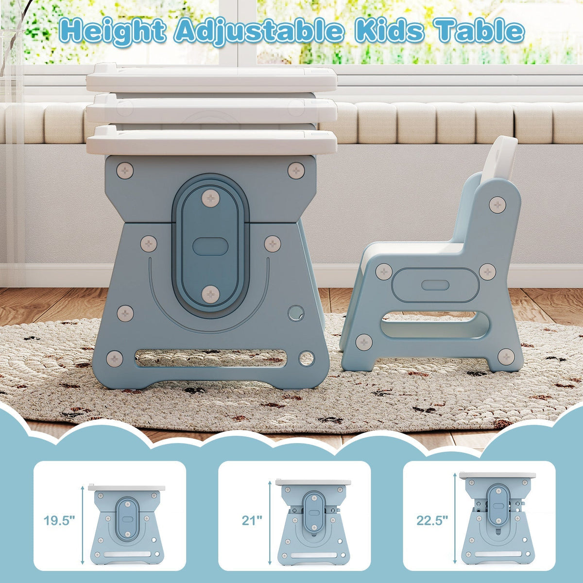 Height Adjustable Kids Table and Chair Set with Tiltable Whiteboard and Concave ShelfTorqelo.com