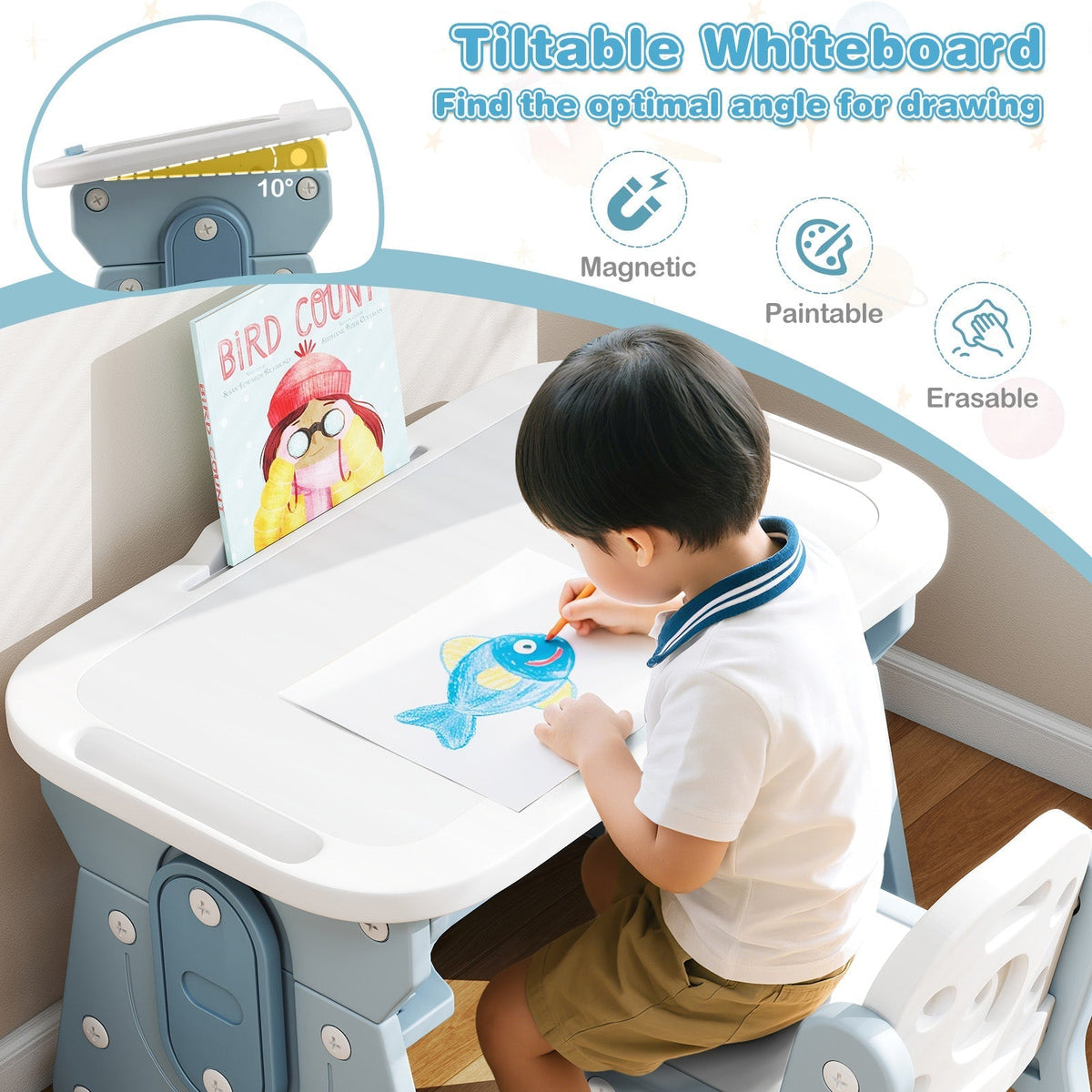 Height Adjustable Kids Table and Chair Set with Tiltable Whiteboard and Concave ShelfTorqelo.com