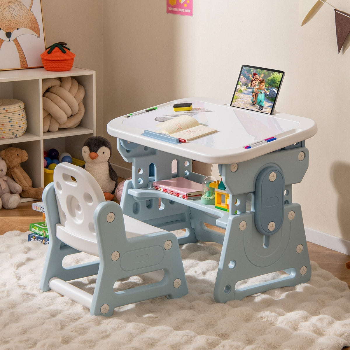 Height Adjustable Kids Table and Chair Set with Tiltable Whiteboard and Concave ShelfTorqelo.com