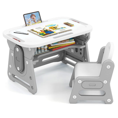 Height Adjustable Kids Table and Chair Set with Tiltable Whiteboard and Concave ShelfTorqelo.com