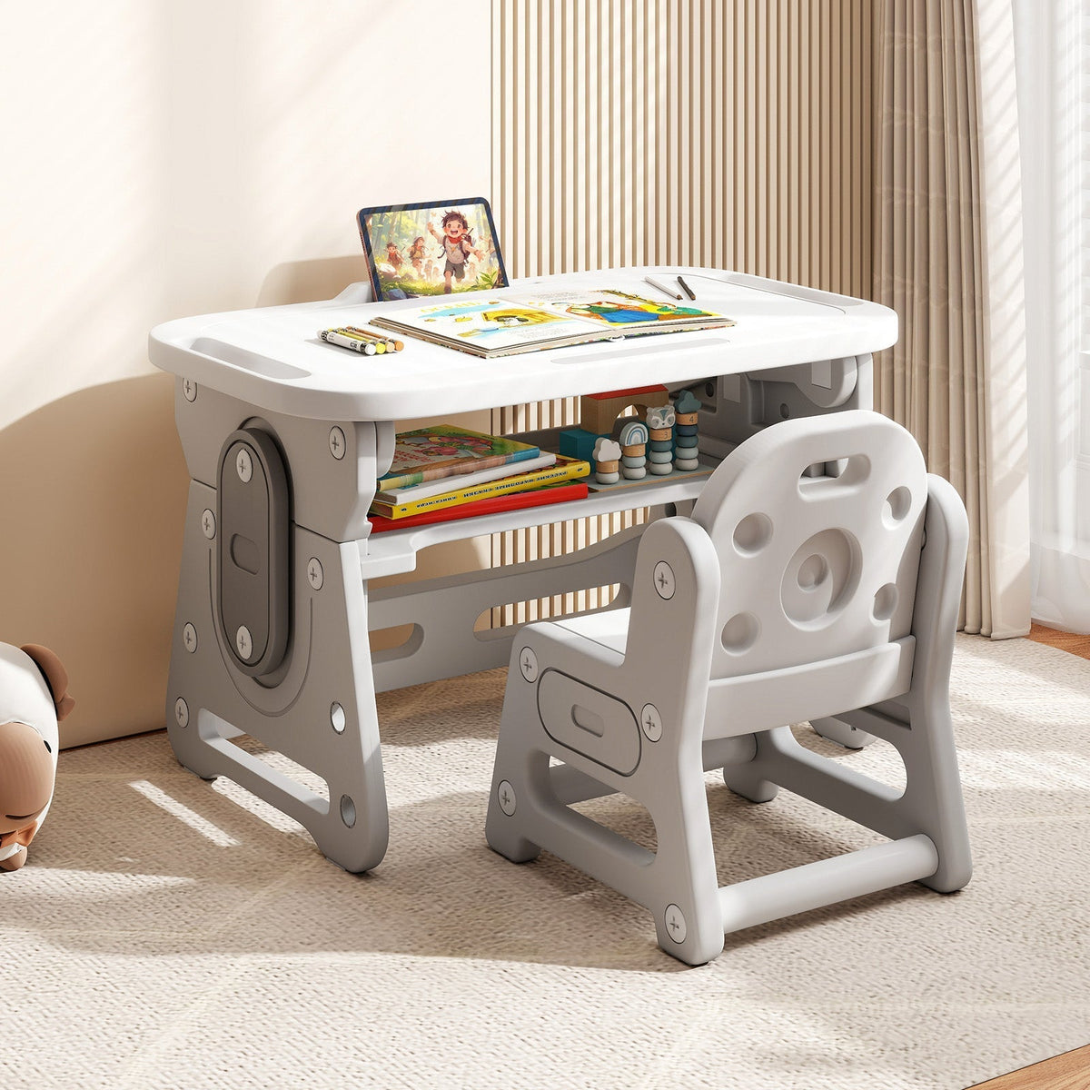 Height Adjustable Kids Table and Chair Set with Tiltable Whiteboard and Concave ShelfTorqelo.com