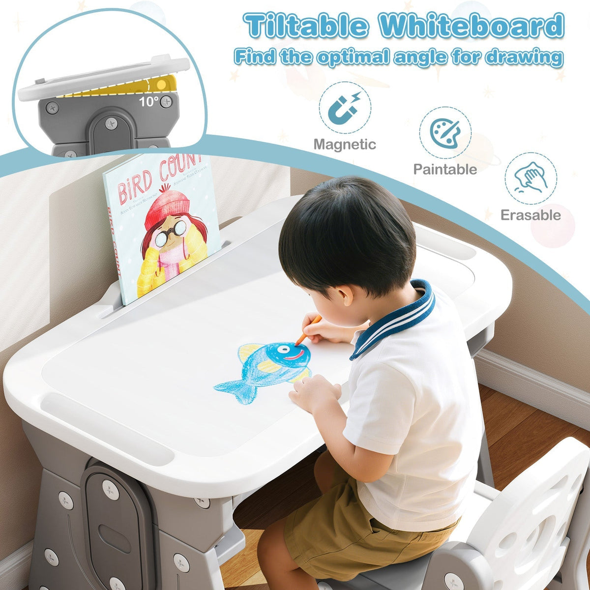 Height Adjustable Kids Table and Chair Set with Tiltable Whiteboard and Concave ShelfTorqelo.com
