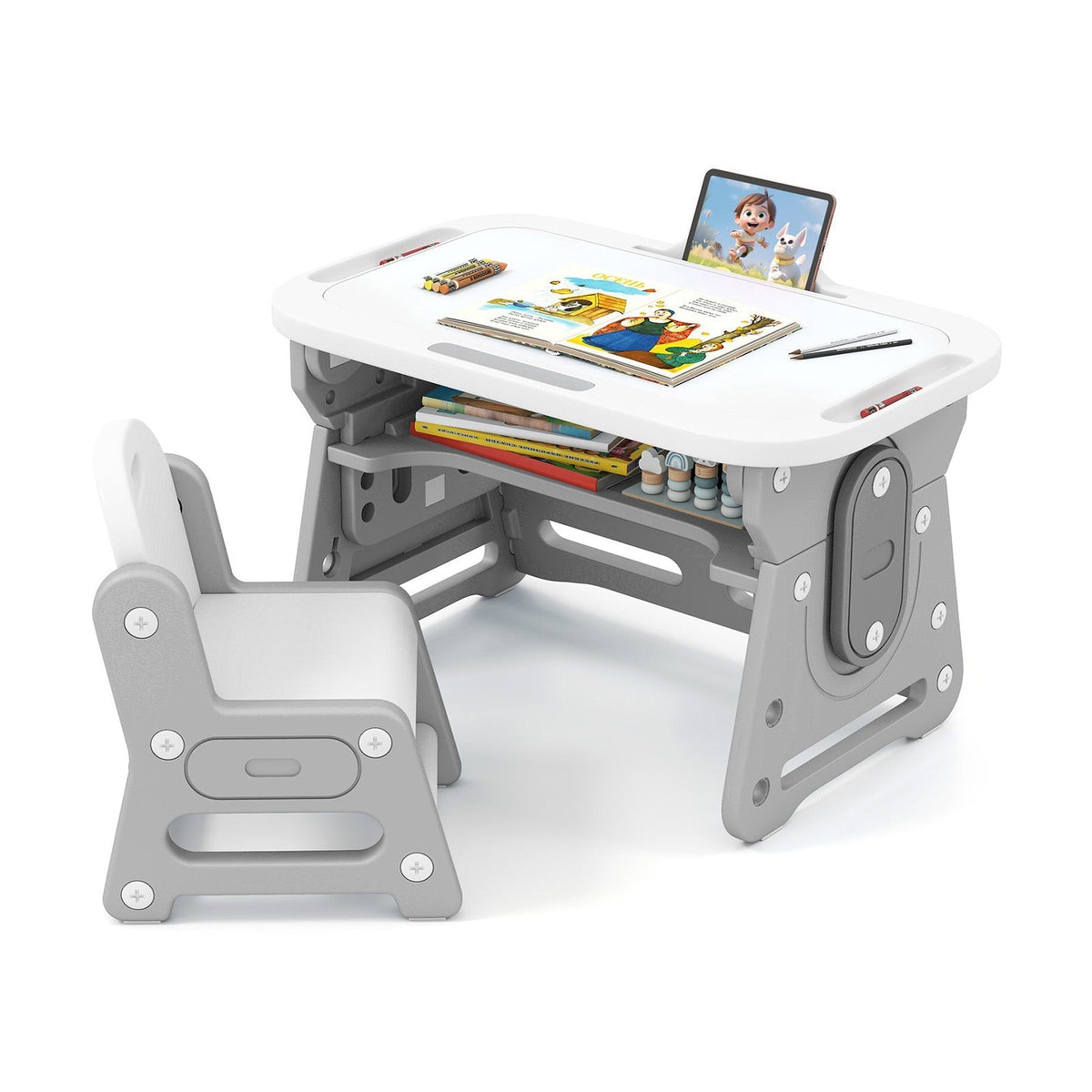 Height Adjustable Kids Table and Chair Set with Tiltable Whiteboard and Concave ShelfTorqelo.com