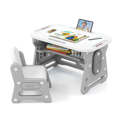 Height Adjustable Kids Table and Chair Set with Tiltable Whiteboard and Concave ShelfTorqelo.com