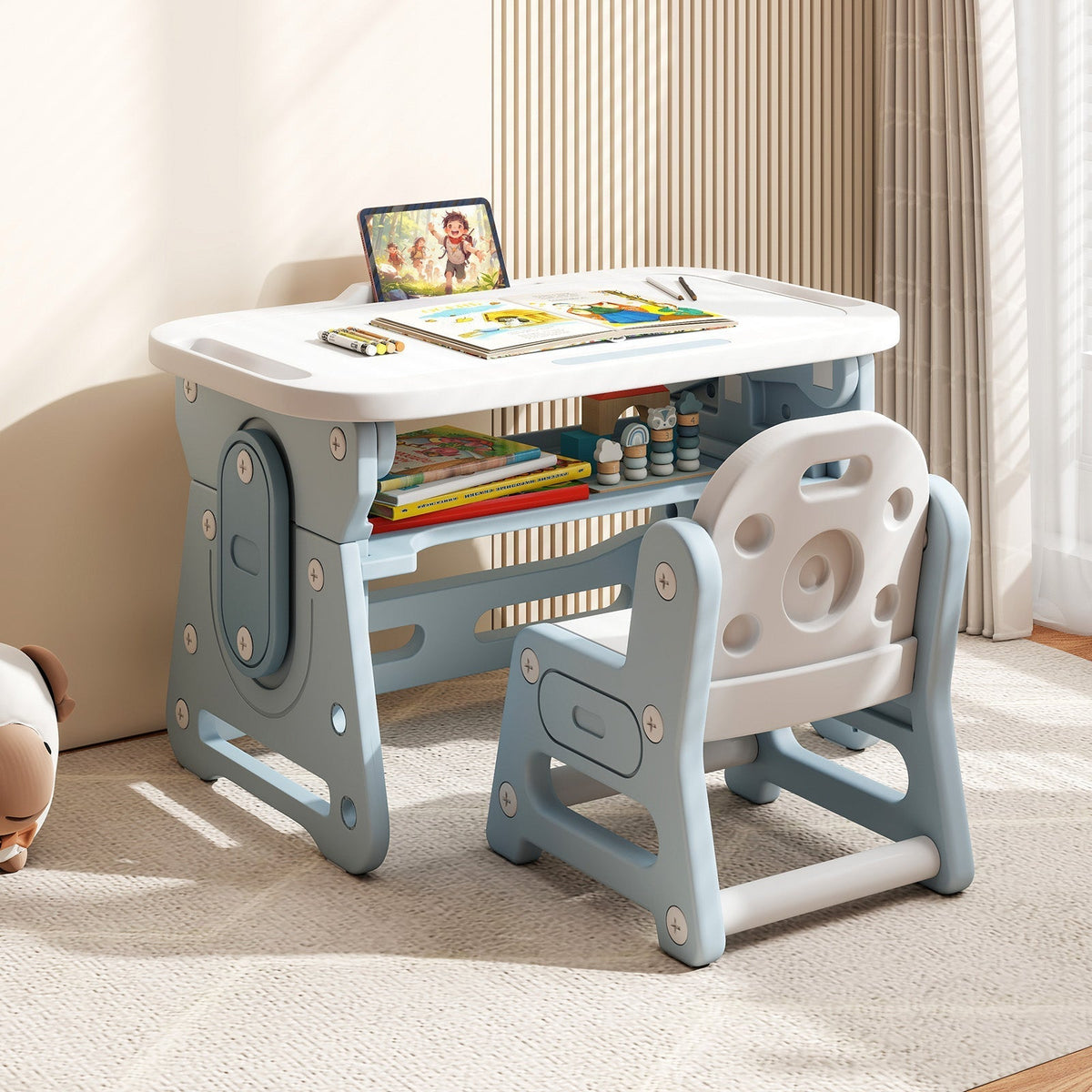 Height Adjustable Kids Table and Chair Set with Tiltable Whiteboard and Concave ShelfTorqelo.com