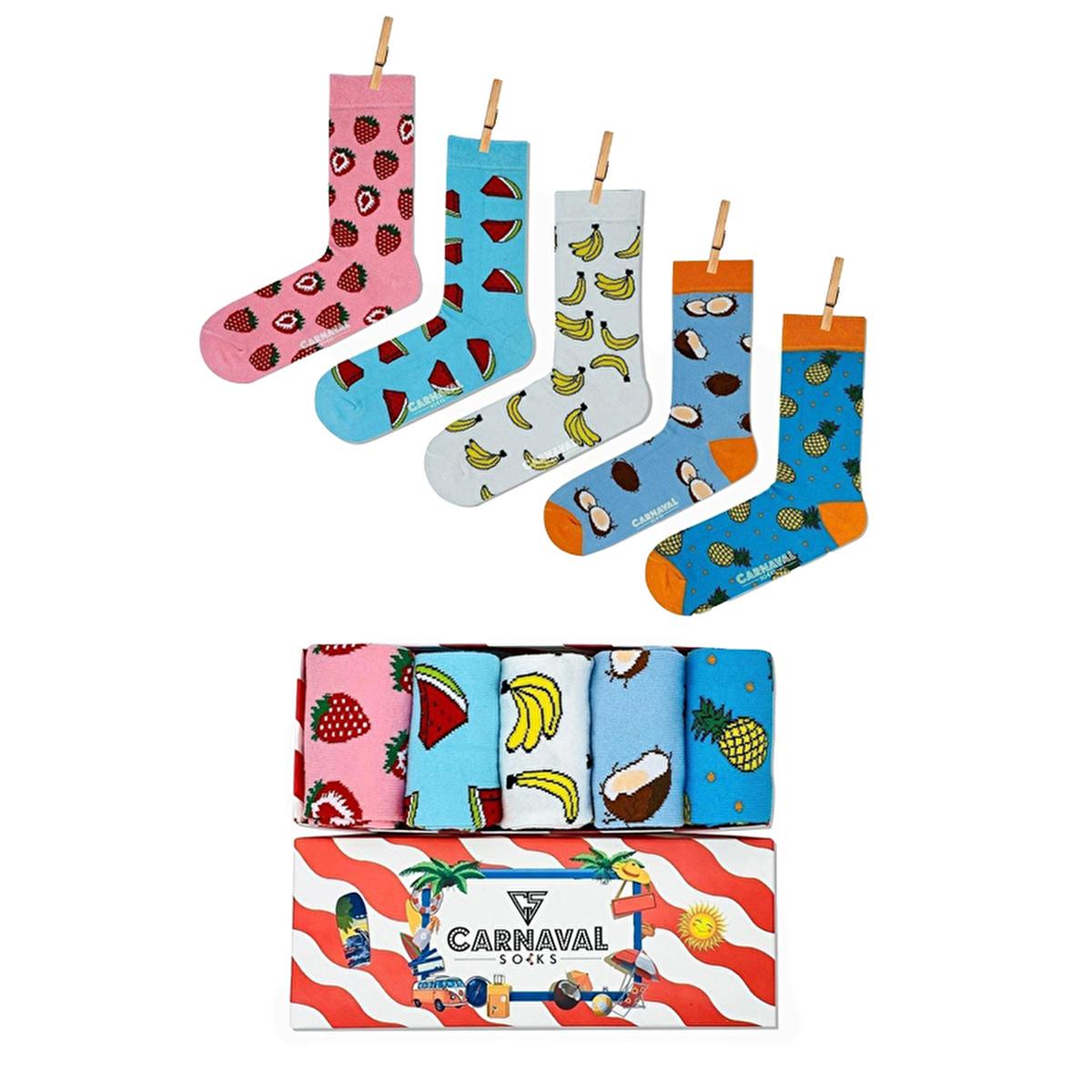 Carnaval Fruit-Themed Socks 5-Pack - Soft, Comfortable, and Stretchy Casual Socks for Everyday Wear by Beauty Care Bag