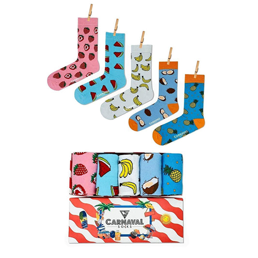 Carnaval Fruit-Themed Socks 5-Pack - Soft, Comfortable, and Stretchy Casual Socks for Everyday Wear by Beauty Care Bag