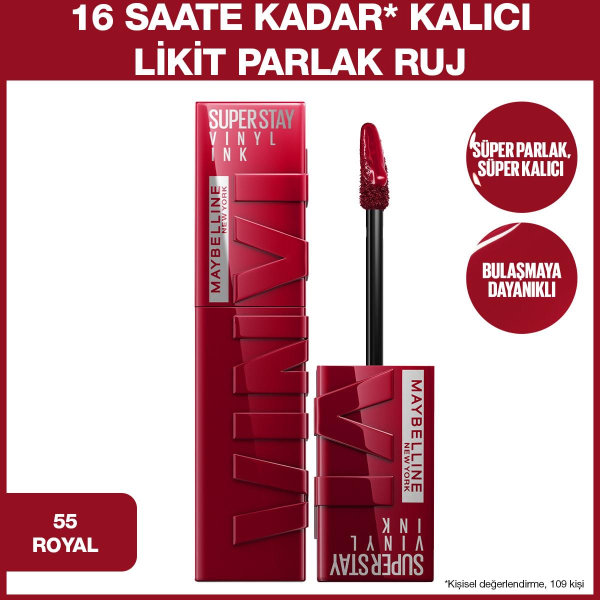 Maybelline New York Super Stay Vinyl Ink Liquid Lipstick - Long-Lasting High Shine Finish, 55 Royal by Beauty Care Bag