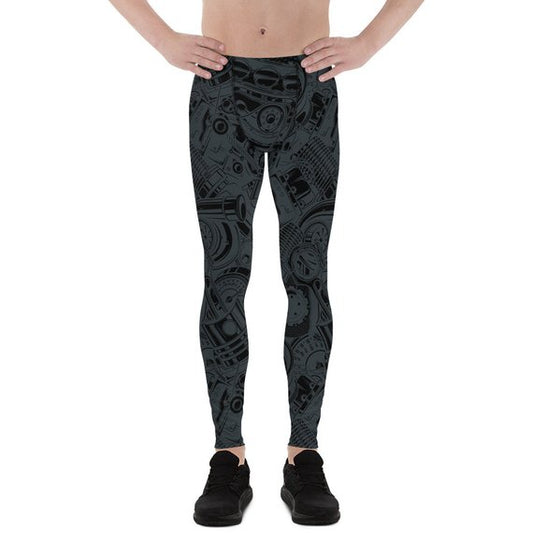 Mens Leggings - Black Leggings with Auto Parts by Maroon Sooty