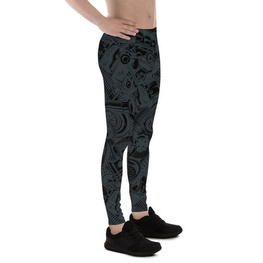 Mens Leggings - Black Leggings with Auto Parts by Maroon Sooty