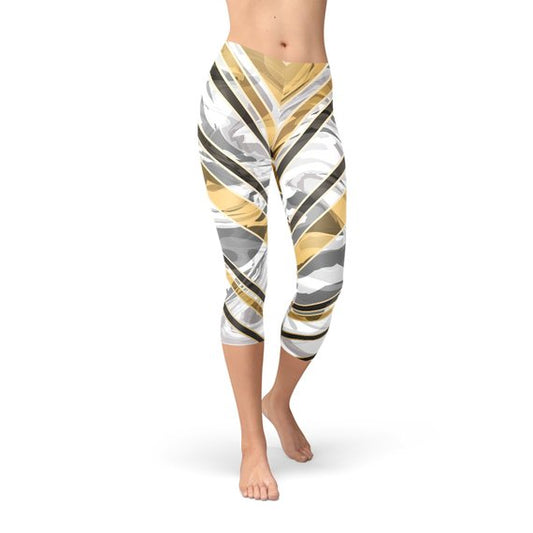 White Marble w/ Black Gold Lines Capri Leggings by Maroon Sooty