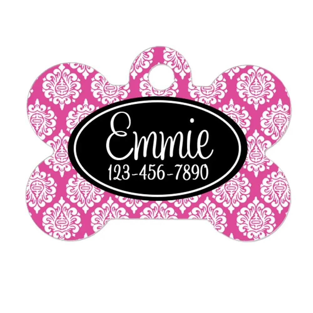 Pet Puppy Tag - Black Pink Damask Custom Dog Tag - Personalized ID Tag for Dog Collar - custom pet tag - Dog Collar Name Tag by Joyful Moose