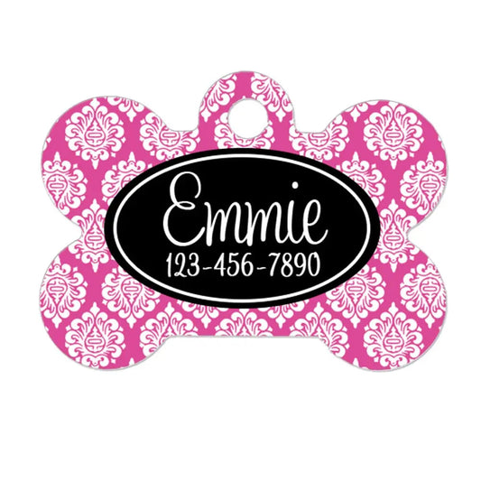 Pet Puppy Tag - Black Pink Damask Custom Dog Tag - Personalized ID Tag for Dog Collar - custom pet tag - Dog Collar Name Tag by Joyful Moose