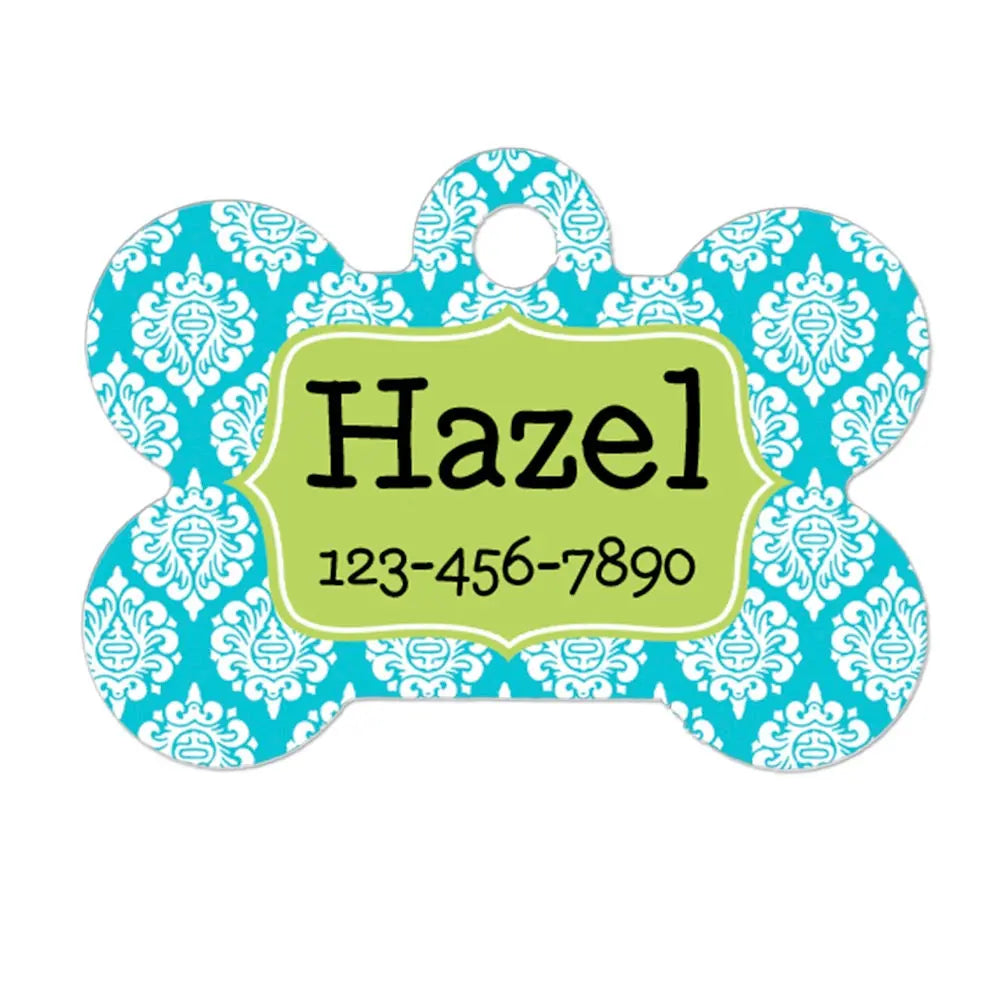 Personalized Dog Name Tag - Dog ID Tag - Aqua Lime Custom Dog Collar Tag - Dog Tag Damask Pattern by Joyful Moose