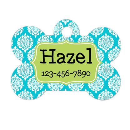 Personalized Dog Name Tag - Dog ID Tag - Aqua Lime Custom Dog Collar Tag - Dog Tag Damask Pattern by Joyful Moose