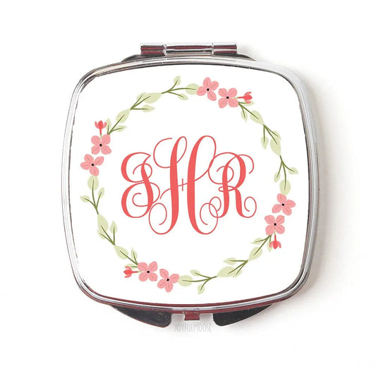 Bridesmaids Gifts Monogram Compact Mirror - Pocket Mirror - Purse Mirror - Coral Floral Wreath by Joyful Moose