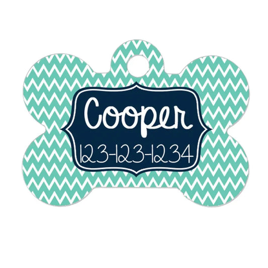 Personalized Dog Name Tag - Dog ID Tag - Mint Navy Custom Dog Collar Tag - Dog Tag Chevron Pattern by Joyful Moose
