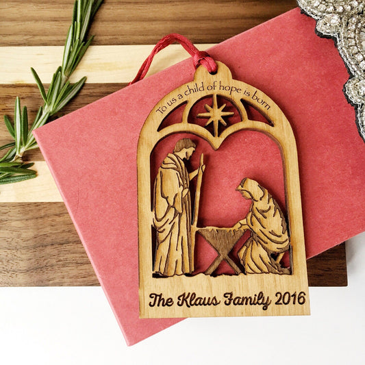 Personalized Nativity Ornament | Christian Holiday Keepsake - Wooden Christmas Tree Decoration by Joyful Moose