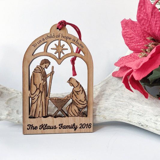 Personalized Nativity Ornament | Christian Holiday Keepsake - Wooden Christmas Tree Decoration by Joyful Moose