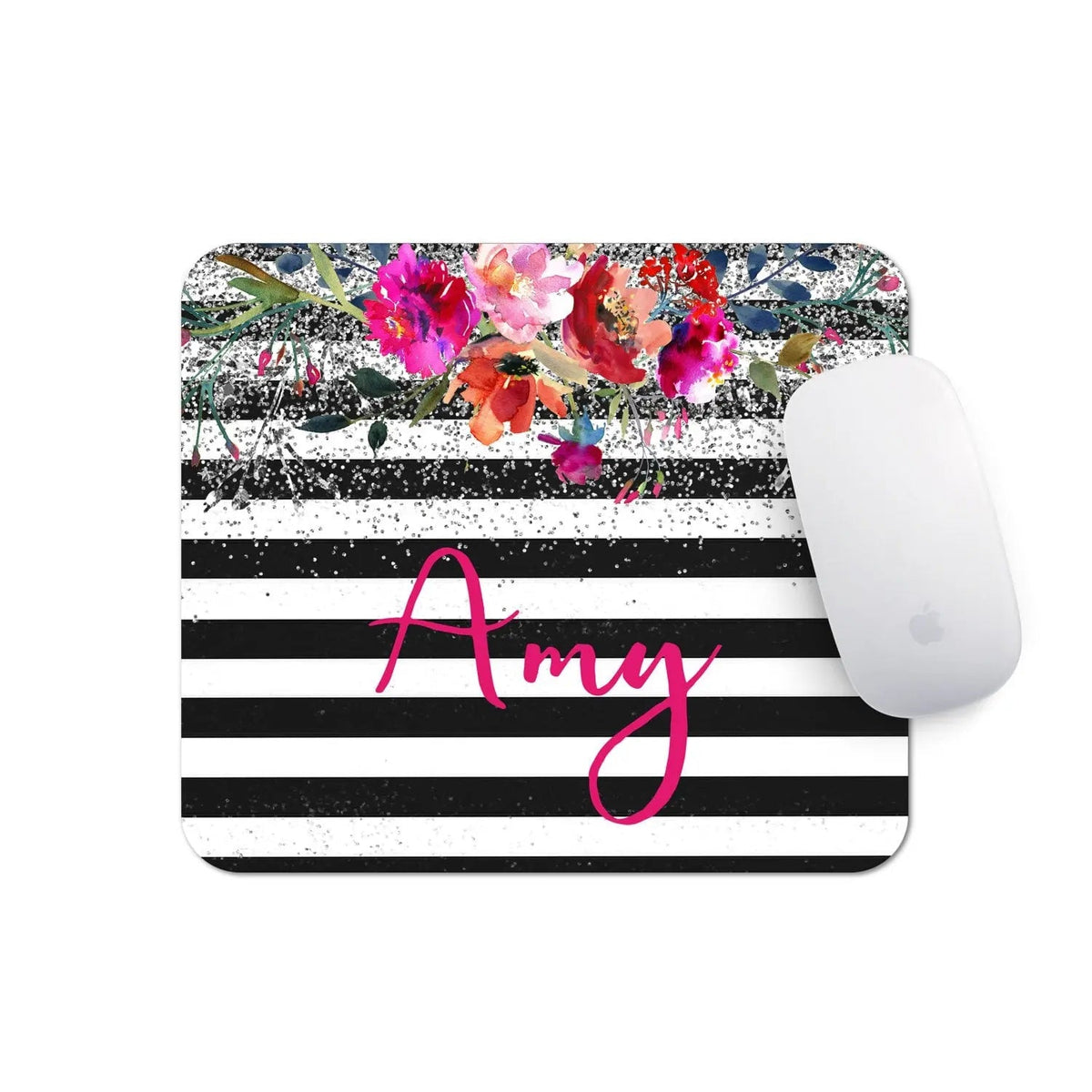 Personalized Floral Mousepad - Watercolor Mouse Pad With Silver Glitter Design by Joyful Moose