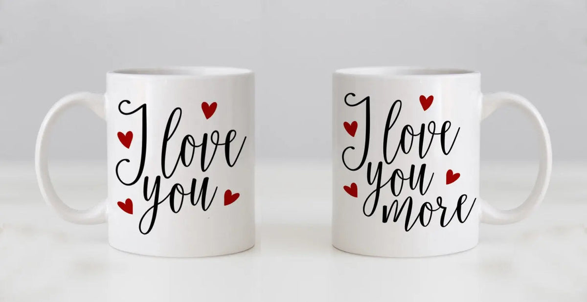 Mug Set, his n hers, I Love You & I Love You More, Valentines Day Gifts, Wedding Gift Coffee Mug Set, Anniversary Gift by Joyful Moose