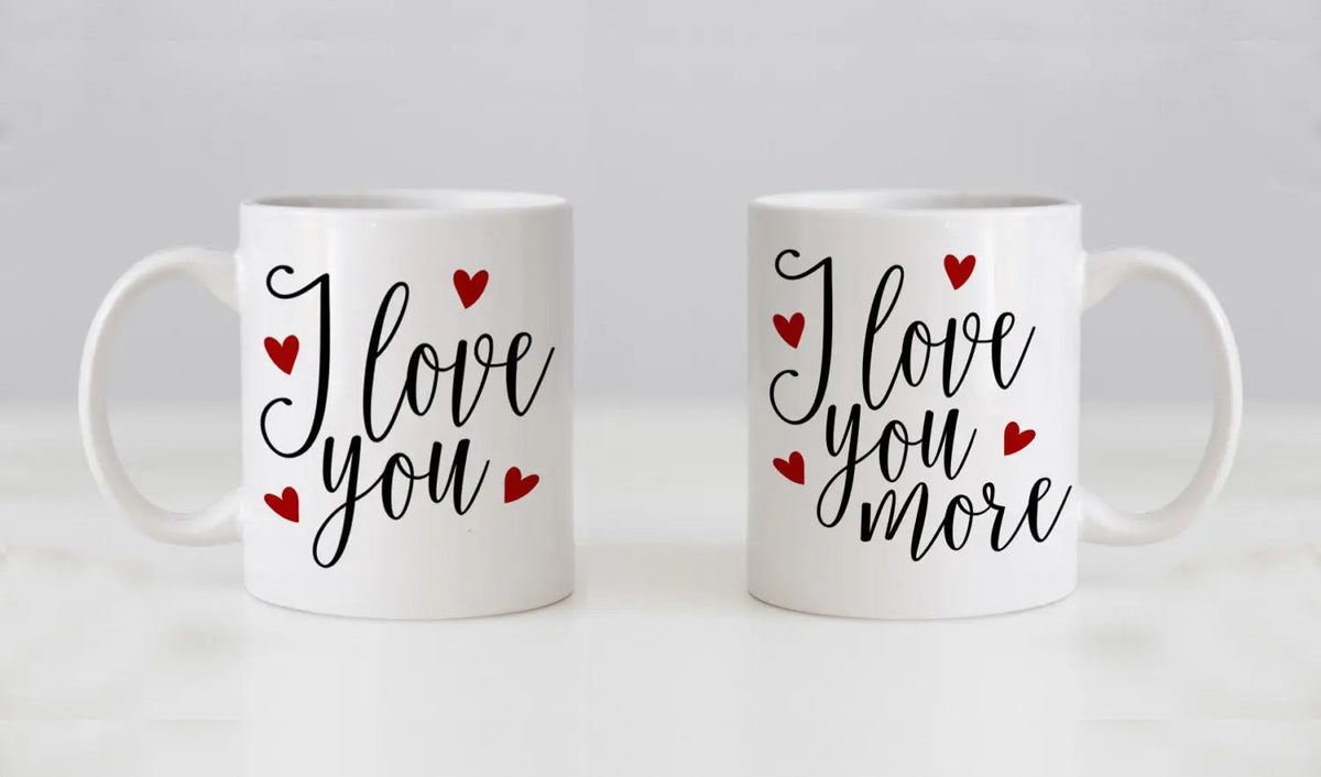 Mug Set, his n hers, I Love You & I Love You More, Valentines Day Gifts, Wedding Gift Coffee Mug Set, Anniversary Gift by Joyful Moose
