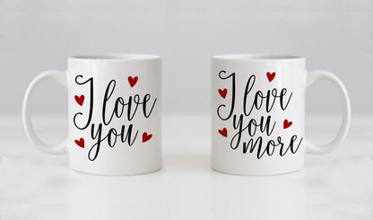Mug Set, his n hers, I Love You & I Love You More, Valentines Day Gifts, Wedding Gift Coffee Mug Set, Anniversary Gift by Joyful Moose