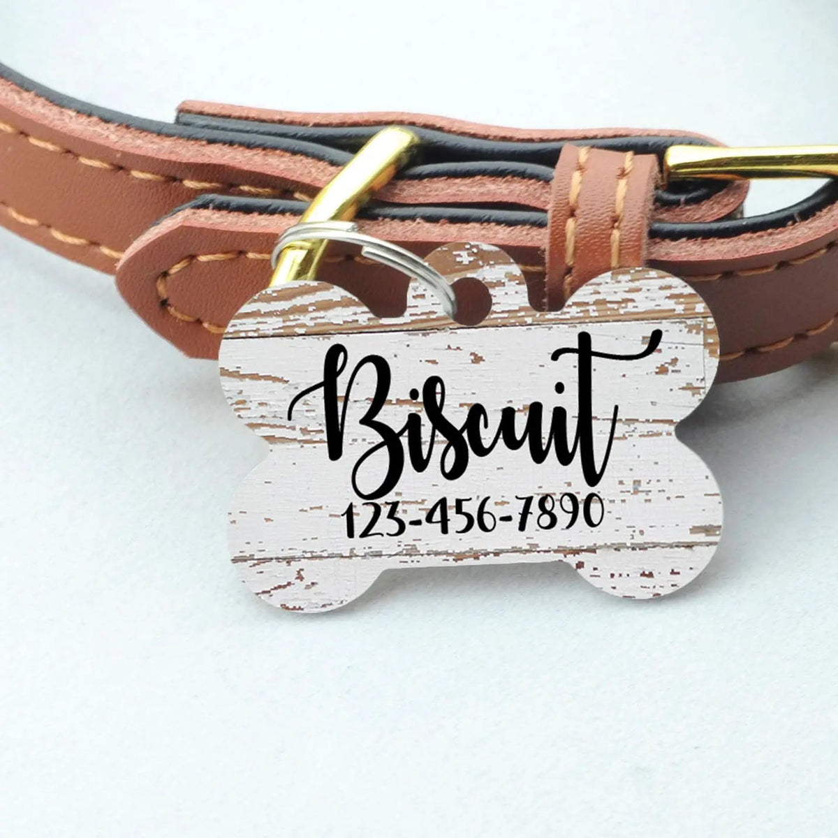 Pet ID Tag, Weathered Wood Pattern Custom Dog Name Tag, personalized dog tag, wood texture pet id tag, woodgrain dog name tag by Joyful Moose
