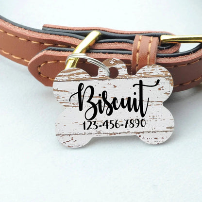 Pet ID Tag, Weathered Wood Pattern Custom Dog Name Tag, personalized dog tag, wood texture pet id tag, woodgrain dog name tag by Joyful Moose