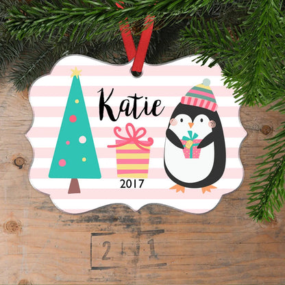 Girl Christmas Ornament - Pink Stripe Personalized Christmas Ornament - Pastel Penguin Christmas Ornament for Girls by Joyful Moose