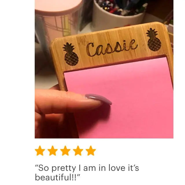 Personalized Floral or Pineapple Bamboo Wood Sticky Note Holder, Custom Teacher Gift by Joyful Moose