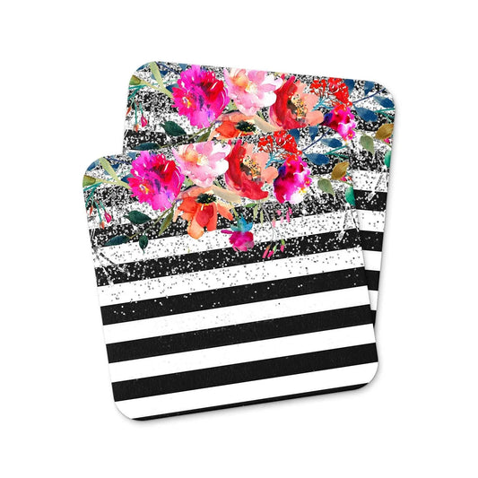 Floral Watercolor Coaster, Black White Stripe with Glitter Drink Coasters, housewarming gift, birthday gift for women, home decor by Joyful Moose