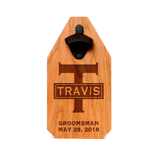 Personalized Groomsman Gift, thank you gifts for groomsmen, Custom Wood Beer Bottle Opener, pine oak walnut cast iron beer gift by Joyful Moose