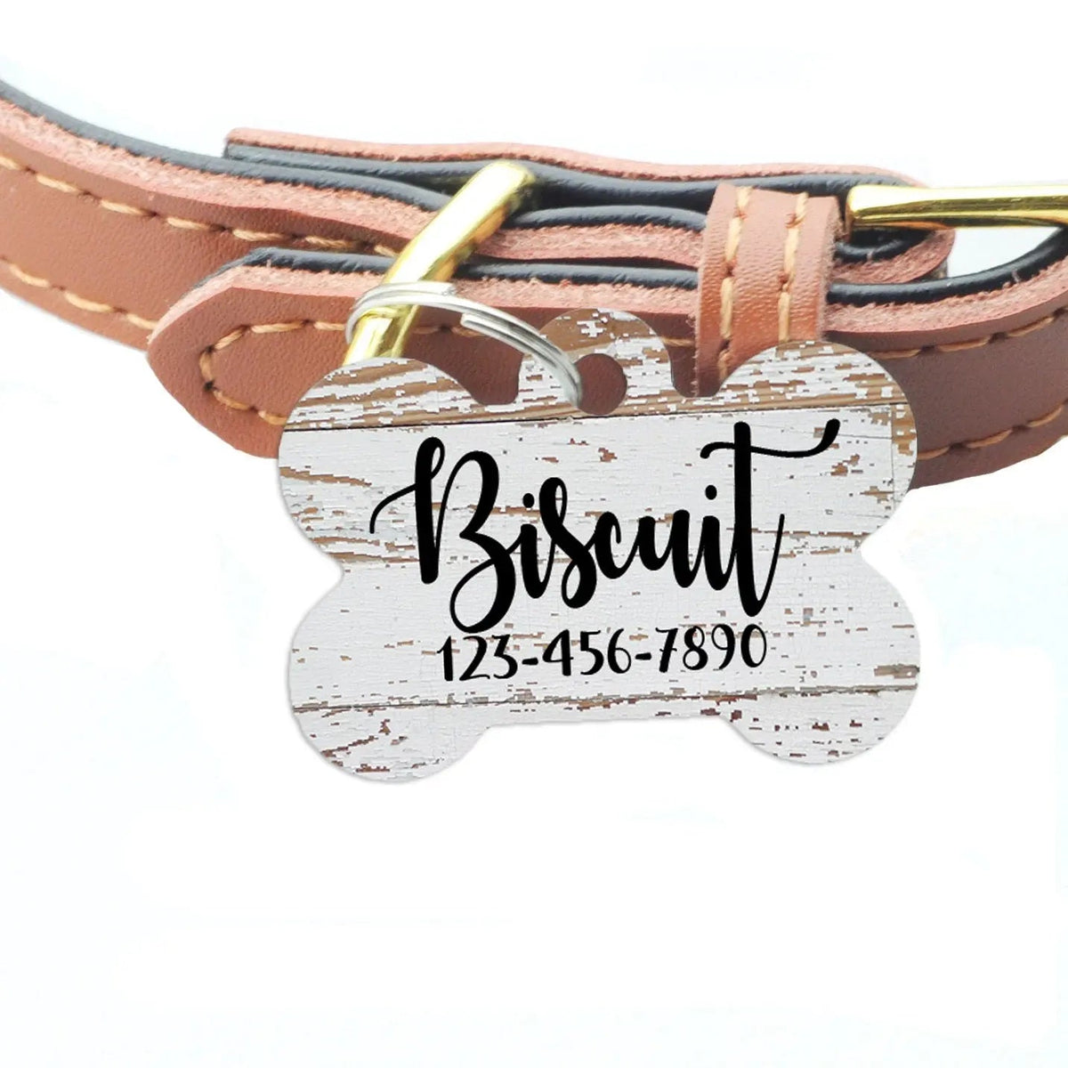 Pet ID Tag, Weathered Wood Pattern Custom Dog Name Tag, personalized dog tag, wood texture pet id tag, woodgrain dog name tag by Joyful Moose