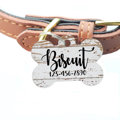 Pet ID Tag, Weathered Wood Pattern Custom Dog Name Tag, personalized dog tag, wood texture pet id tag, woodgrain dog name tag by Joyful Moose