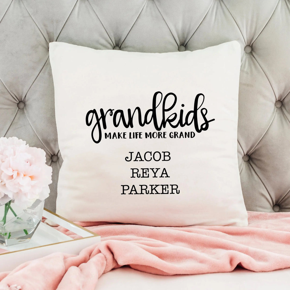 Personalized Pillow Cover - Grandkids Make Life Grand - Christmas Gift for Grandma - Throw Pillow Personalized with Grandchildrens Names by Joyful Moose