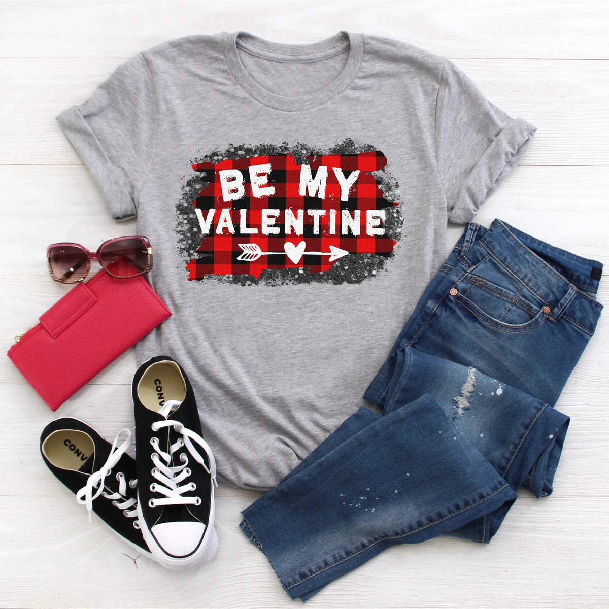 Valentines Day Shirt Cute Womens Buffalo Plaid Be My Valentine Heart Arrow Tshirt by Joyful Moose