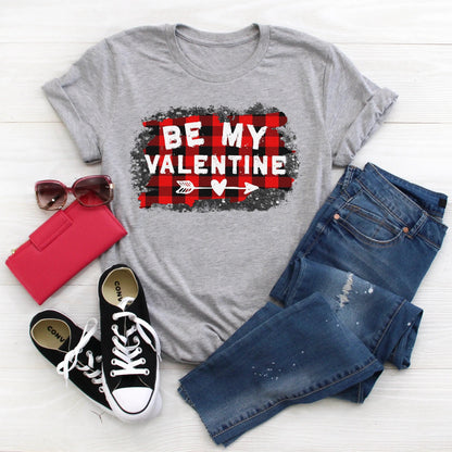 Valentines Day Shirt Cute Womens Buffalo Plaid Be My Valentine Heart Arrow Tshirt by Joyful Moose