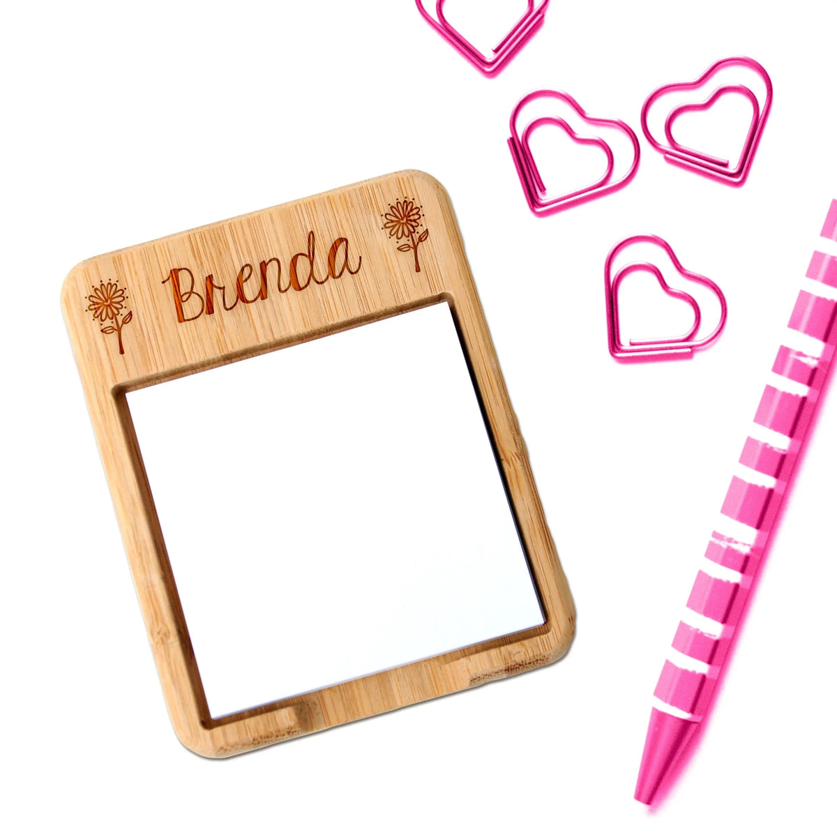 Personalized Floral or Pineapple Bamboo Wood Sticky Note Holder, Custom Teacher Gift by Joyful Moose