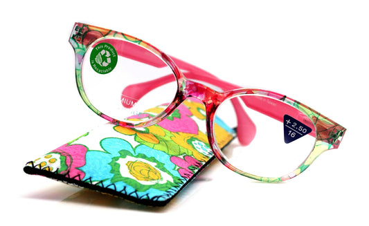 Versailles, (Premium) Reading Glasses High End Readers +1.25 .. +3.00 (Pink, Light Blue Floral) Round Optical Frames. NY Fifth Avenue. by NY Fifth Avenue