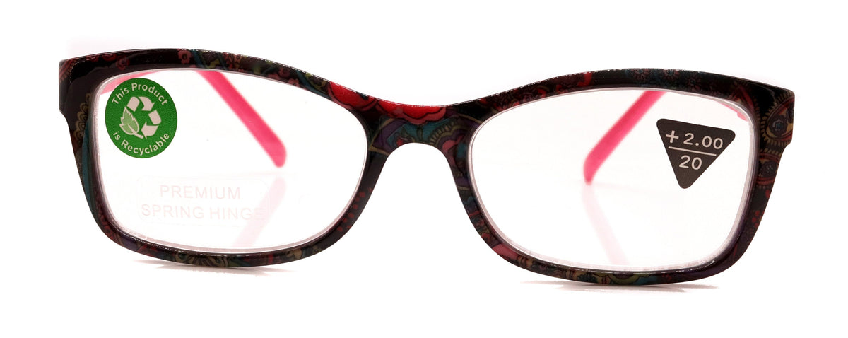 Frida, (Premium) Reading Glasses, High End Readers +1.25 .. +3 Magnifying Eyeglasses, Square Optical Frame. (Pink) Paisley. NY Fifth Avenue by NY Fifth Avenue