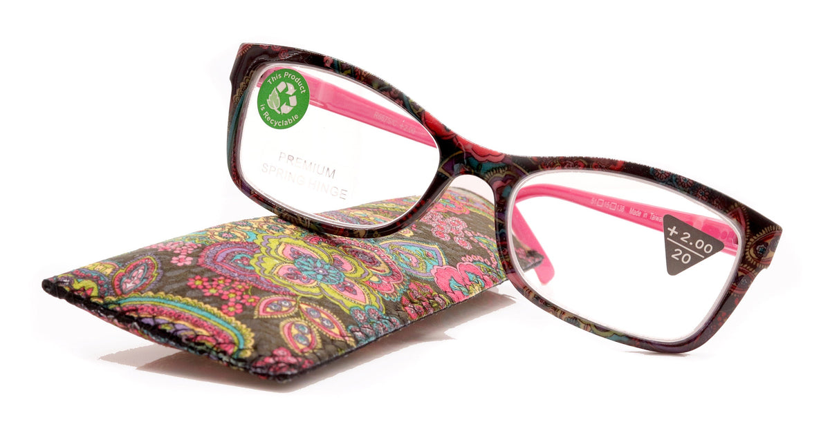 Frida, (Premium) Reading Glasses, High End Readers +1.25 .. +3 Magnifying Eyeglasses, Square Optical Frame. (Pink) Paisley. NY Fifth Avenue by NY Fifth Avenue